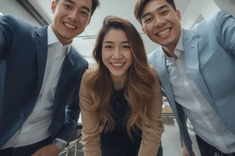 Three professionals smiling and looking down at the camera in a modern office, suggesting teamwork and collaboration.